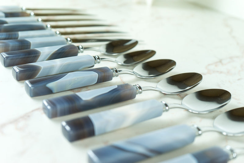 Handmade Blue Lace Agate with Stainless Steel Cutlery Tableware Set, Serves 6, Comes in a Wooden Box - E2D Crystals & Minerals