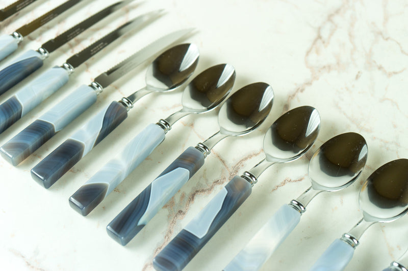 Handmade Blue Lace Agate with Stainless Steel Cutlery Tableware Set, Serves 6, Comes in a Wooden Box - E2D Crystals & Minerals