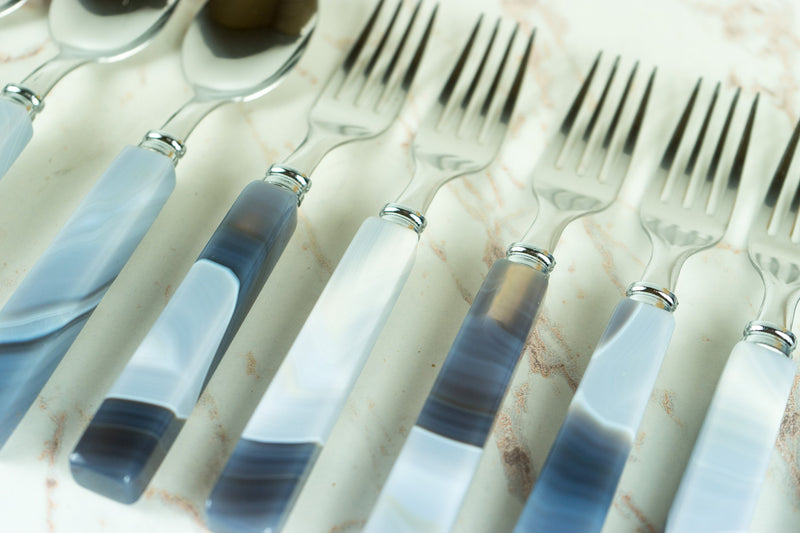 Handmade Blue Lace Agate with Stainless Steel Cutlery Tableware Set, Serves 6, Comes in a Wooden Box - E2D Crystals & Minerals