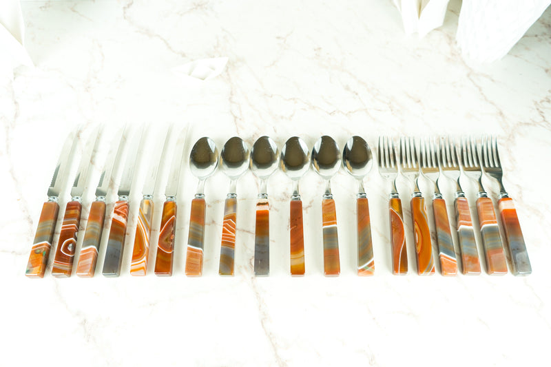 Handmade Red Lace Agate with Stainless Steel Cutlery Tableware Set, Serves 6, Comes in a Wooden Box - E2D Crystals & Minerals