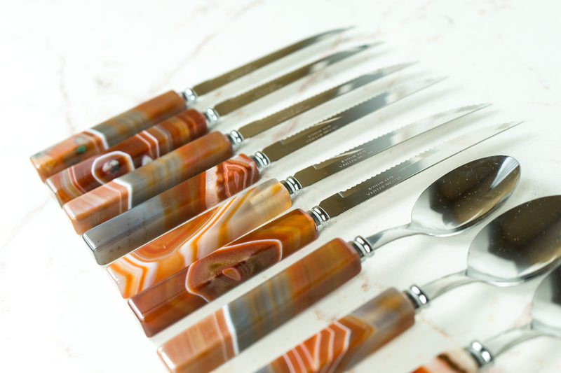 Handmade Red Lace Agate with Stainless Steel Cutlery Tableware Set, Serves 6, Comes in a Wooden Box - E2D Crystals & Minerals