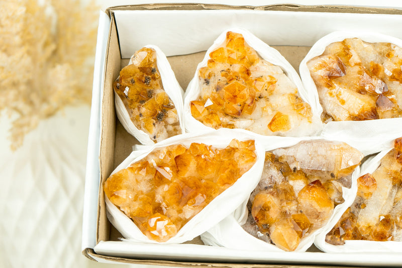 Set of 6 Citrine Clusters of Super Extra Grade, Wholesale Flat Box, Small, Deep Orange Citrine Druzy - 1380g - 3.0 lb