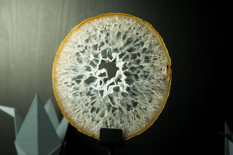 Rare Natural Lace Agate Slice with Crystal Interior and White Sugar Druzy
