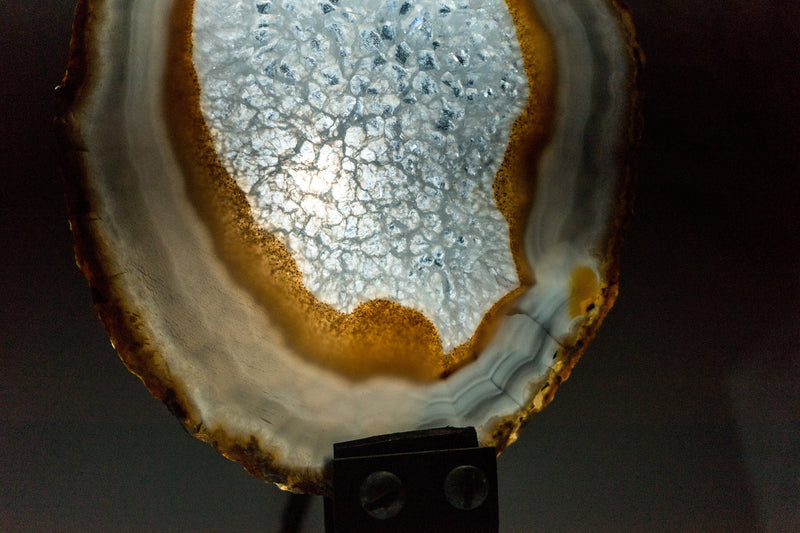Blue with Red Laces Agate Slice with Crystallized Center and Photochromic Effect