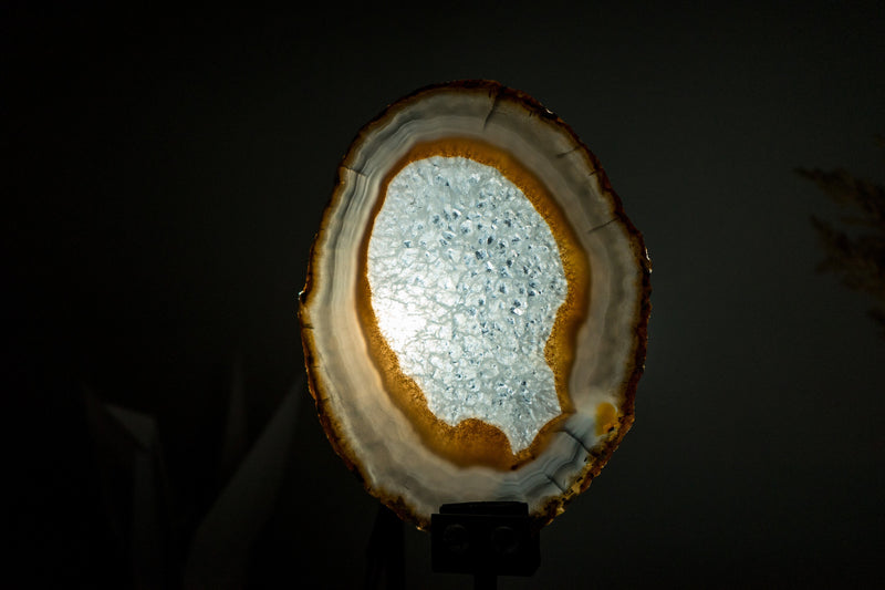 Blue with Red Laces Agate Slice with Crystallized Center and Photochromic Effect