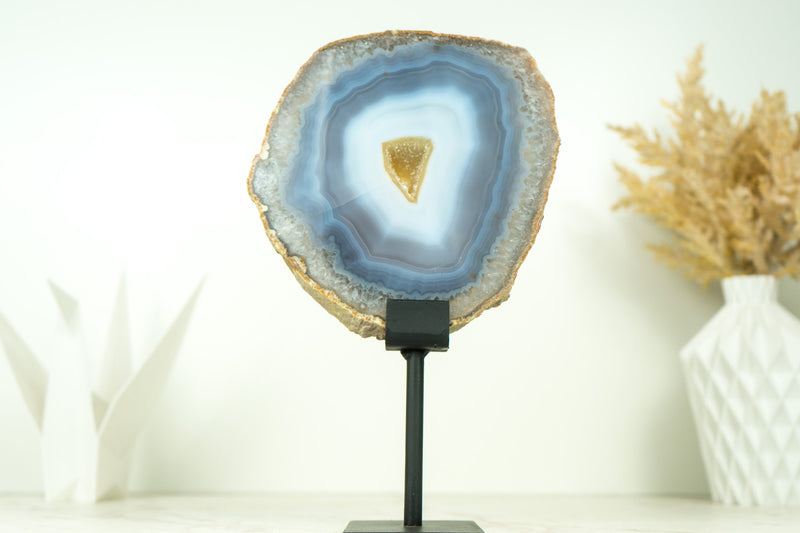 Rare Natural Blue and White Banded Agate Slice, Undyed, with Yellow Galaxy Druzy