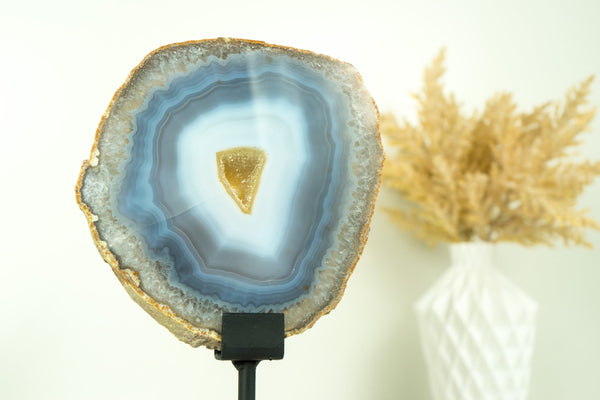 Rare Natural Blue and White Banded Agate Slice, Undyed, with Yellow Galaxy Druzy