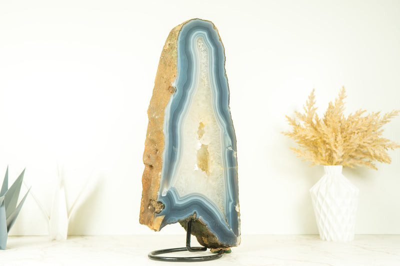 Tall All-Natural White and Blue Lace Agate with Druzy Geode Slice, Doube-Sided