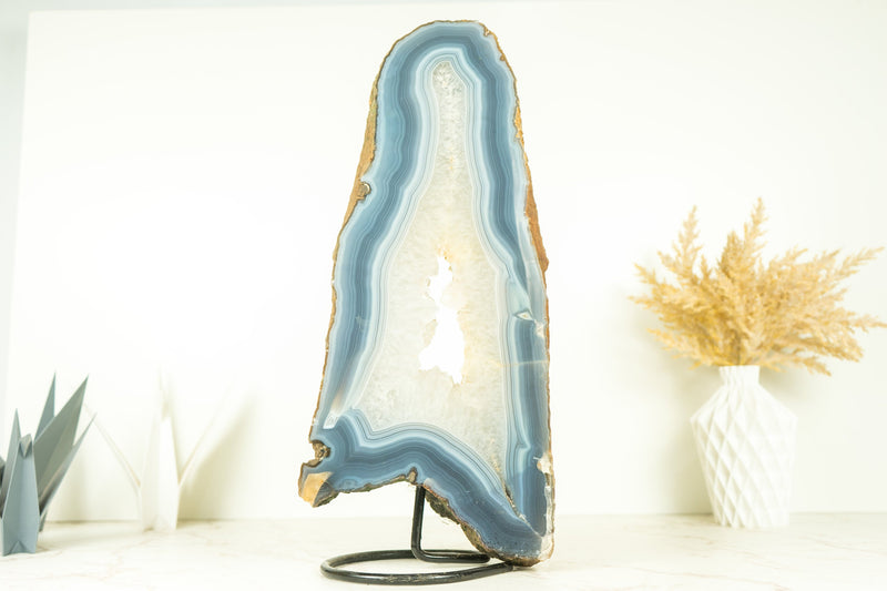 Tall All-Natural White and Blue Lace Agate with Druzy Geode Slice, Doube-Sided