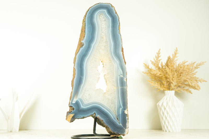Tall All-Natural White and Blue Lace Agate with Druzy Geode Slice, Doube-Sided