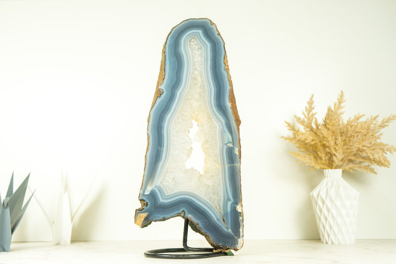 Tall All-Natural White and Blue Lace Agate with Druzy Geode Slice, Doube-Sided