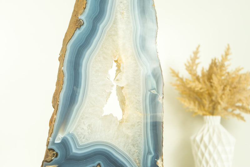 Tall All-Natural White and Blue Lace Agate with Druzy Geode Slice, Doube-Sided