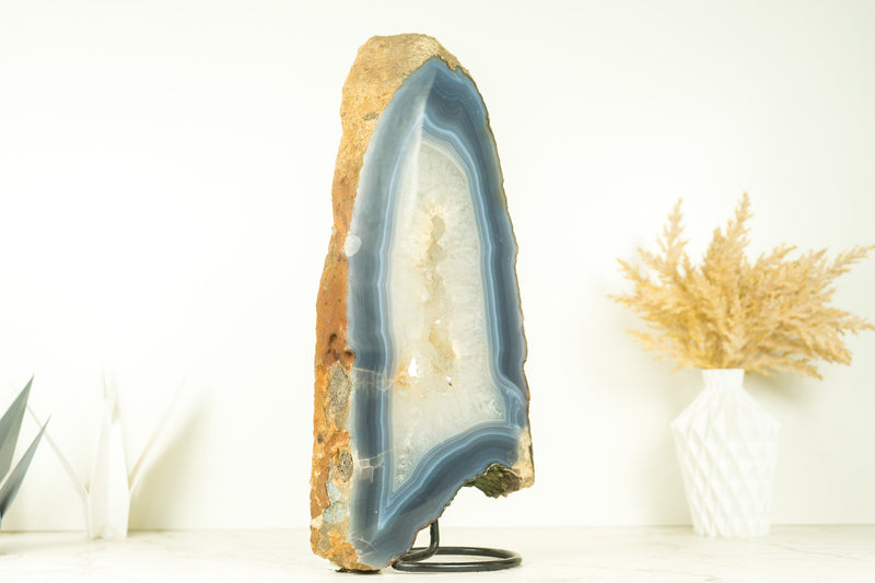 Tall All-Natural White and Blue Lace Agate with Druzy Geode Slice, Doube-Sided