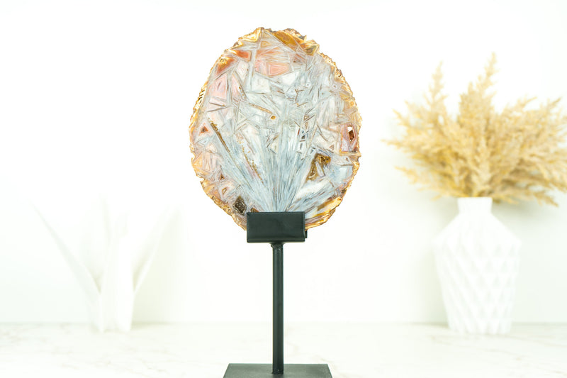 Agate Slice with Polyhedroid and Pseudomorph Tube-like Inclusions, Pink and Pastel Blue