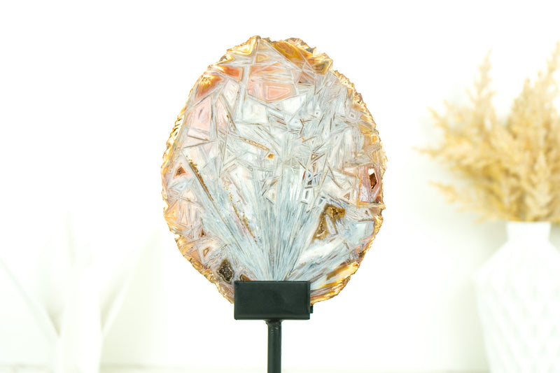 Agate Slice with Polyhedroid and Pseudomorph Tube-like Inclusions, Pink and Pastel Blue