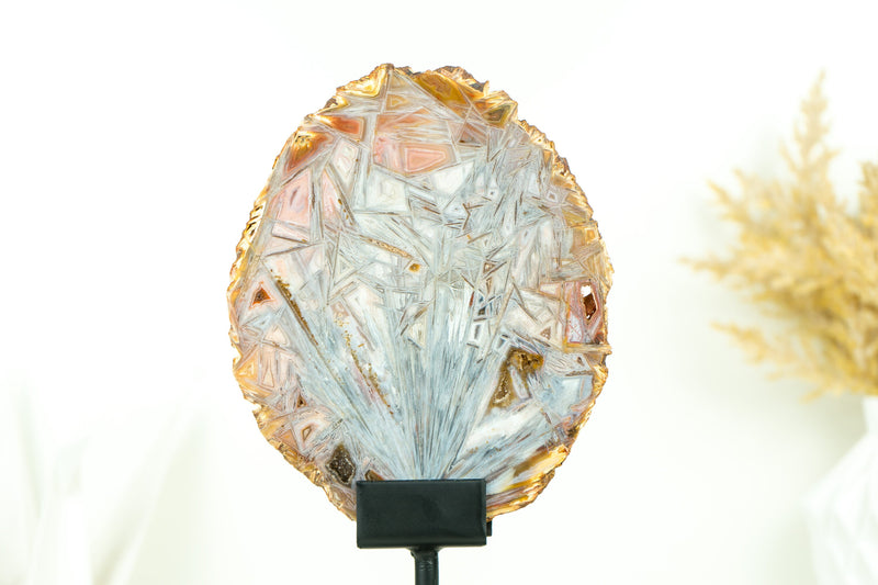 Agate Slice with Polyhedroid and Pseudomorph Tube-like Inclusions, Pink and Pastel Blue