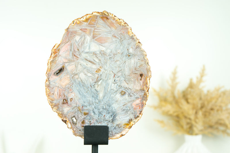 Super Rare Bahia Agate Slice with Polyhedroid and Pseudomorph Tube-like Inclusions, Natural Pastel Pink and Blue Colors