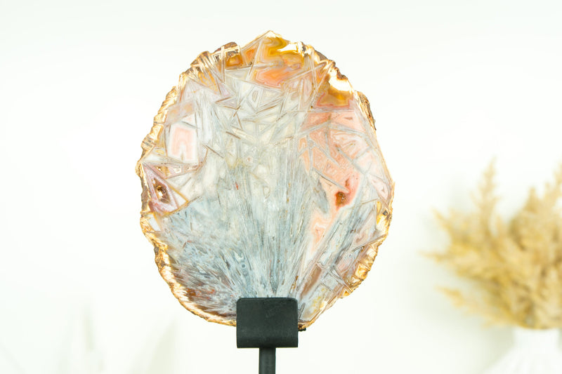 Super Rare Bahia Agate Slice with Polyhedroid and Pseudomorph Tube-like Inclusions, Natural Pastel Pink and Blue Colors