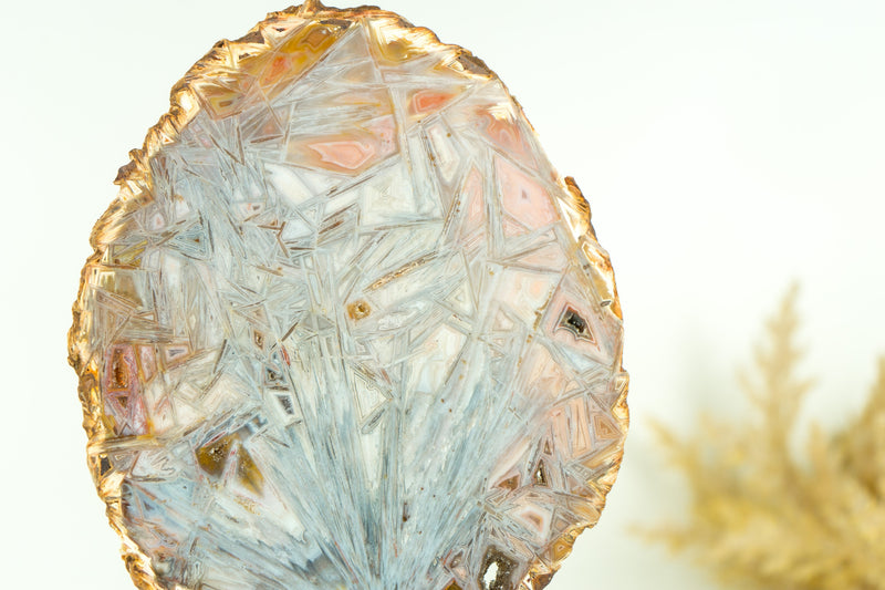 Super Rare Bahia Agate Slice with Polyhedroid and Pseudomorph Tube-like Inclusions, Natural Pastel Pink and Blue Colors