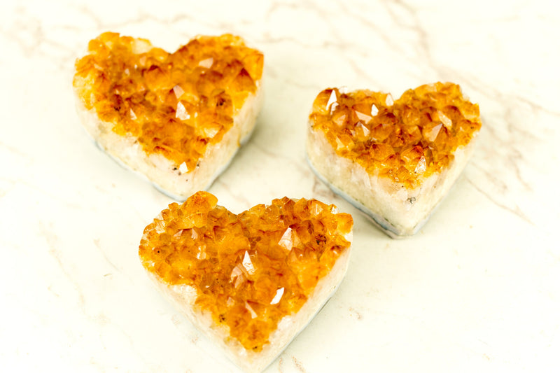 Set of 3 High-Grade Citrine Hearts with, Deep Orange Druzy