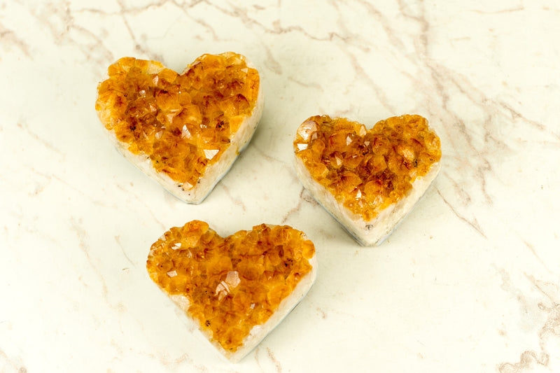 Set of 3 High-Grade Citrine Hearts with, Deep Orange Druzy