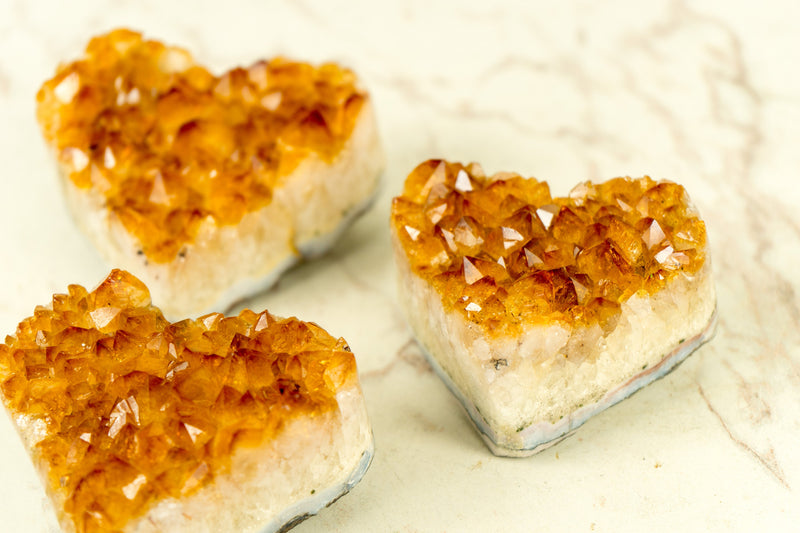 Set of 3 High-Grade Citrine Hearts with, Deep Orange Druzy