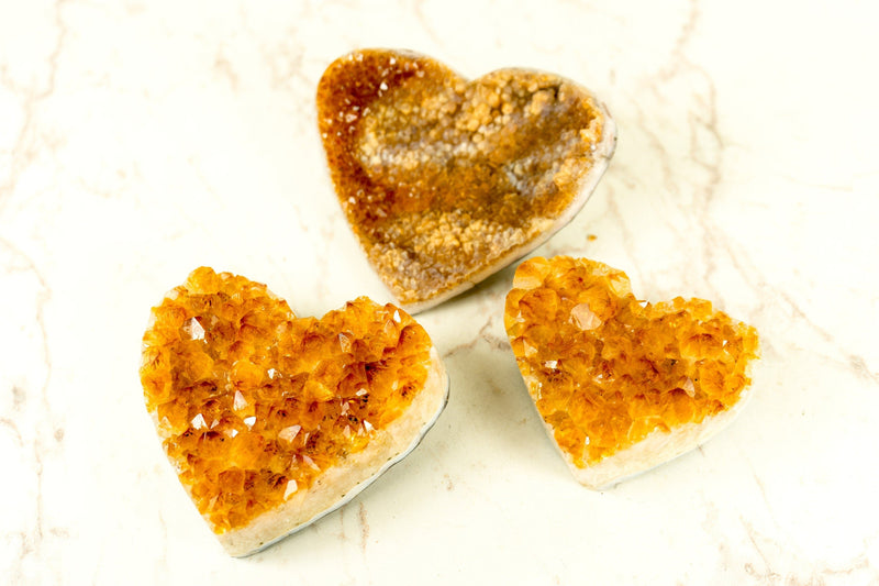 Set of 3 High-Grade Deep Orange Citrine Hearts, Natural, One with Galaxy Citrine Druzy, Wholesale Flat Box - 1.7 Kg - 3.7 lb - E2D Crystals & Minerals
