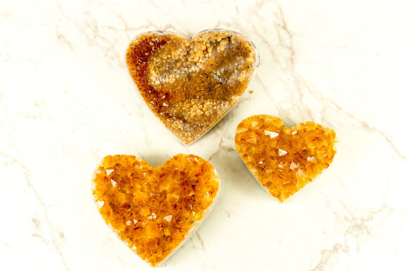 Set of 3 High-Grade Deep Orange Citrine Hearts, Natural, One with Galaxy Citrine Druzy, Wholesale Flat Box - 1.7 Kg - 3.7 lb - E2D Crystals & Minerals