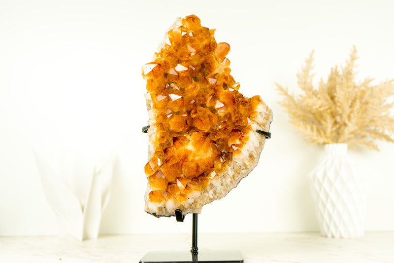 High-Grade Natural Citrine Cluster with Flower Rosette, Deep Orange and Large Druzy