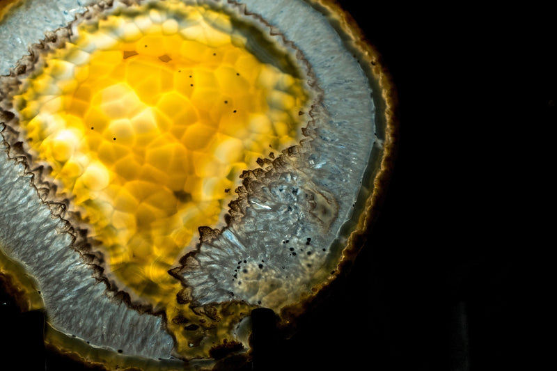 Goldene Achatscheibe mit traubenförmigem Chalcedon und Drusenpfund aus Soledade, Brasilien
