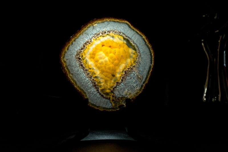 Goldene Achatscheibe mit traubenförmigem Chalcedon und Drusenpfund aus Soledade, Brasilien