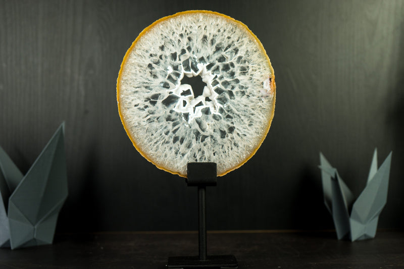 Rare Natural Lace Agate Slice with Crystal Interior and White Sugar Druzy