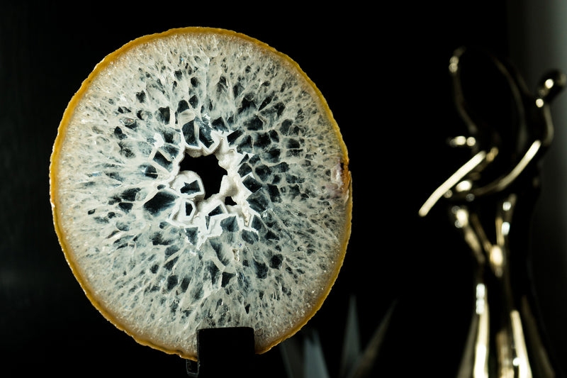 Rare Natural Lace Agate Slice with Crystal Interior and White Sugar Druzy