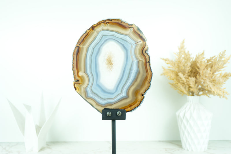 Rare Blue and Amber Agate Slice, Double Sided with Iridescent Effect
