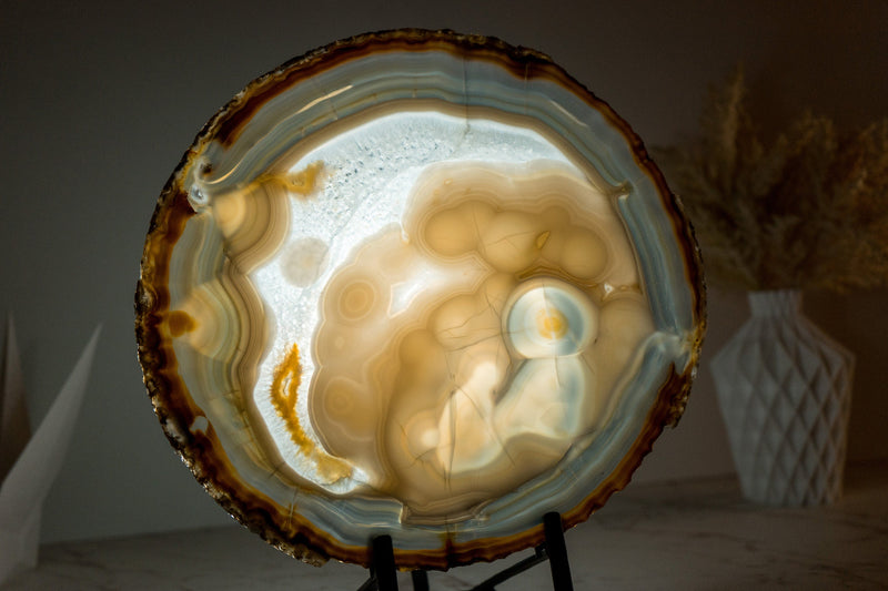 Collector-Grade, World-Class Agate Slice with a Natural Drawing of a Person Contemplating the Sky - Lace Agate with Botryoidal Inclusions - E2D Crystals & Minerals