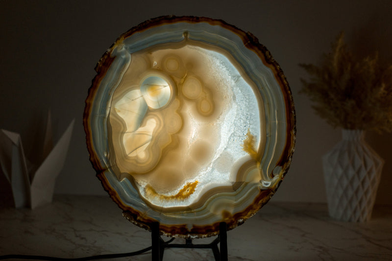 Collector-Grade, World-Class Agate Slice with a Natural Drawing of a Person Contemplating the Sky - Lace Agate with Botryoidal Inclusions - E2D Crystals & Minerals