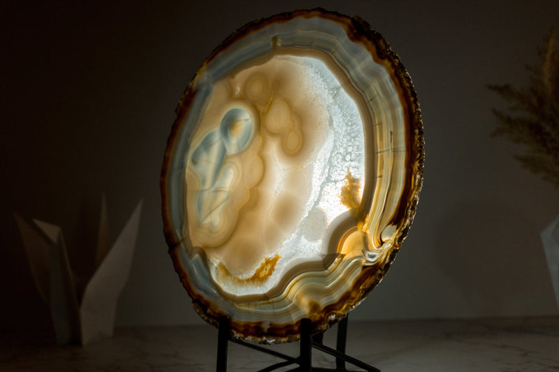 Collector-Grade, World-Class Agate Slice with a Natural Drawing of a Person Contemplating the Sky - Lace Agate with Botryoidal Inclusions - E2D Crystals & Minerals