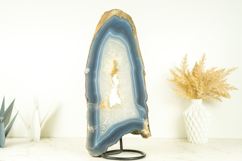 Tall All-Natural White and Blue Lace Agate with Druzy Geode Slice, Doube-Sided