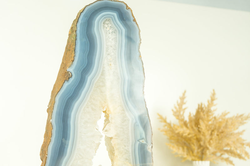 Tall All-Natural White and Blue Lace Agate with Druzy Geode Slice, Doube-Sided