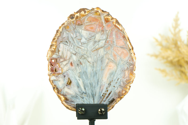 Agate Slice with Polyhedroid and Pseudomorph Tube-like Inclusions, Pink and Pastel Blue
