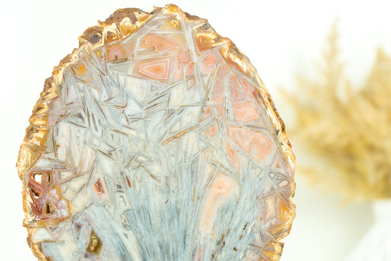 Agate Slice with Polyhedroid and Pseudomorph Tube-like Inclusions, Pink and Pastel Blue