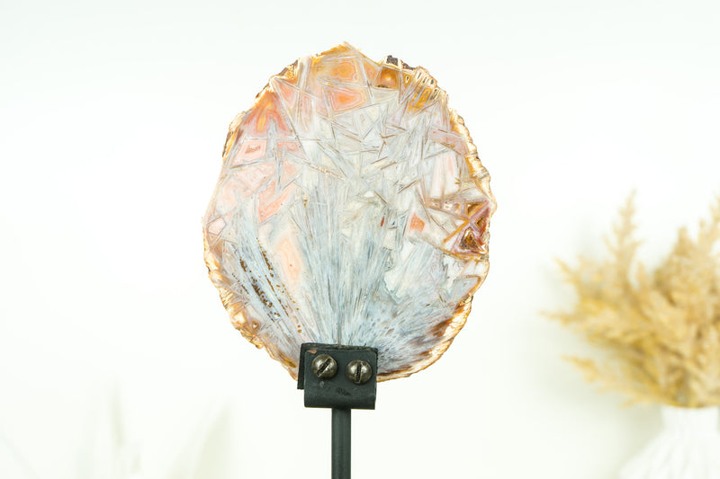 Super Rare Bahia Agate Slice with Polyhedroid and Pseudomorph Tube-like Inclusions, Natural Pastel Pink and Blue Colors
