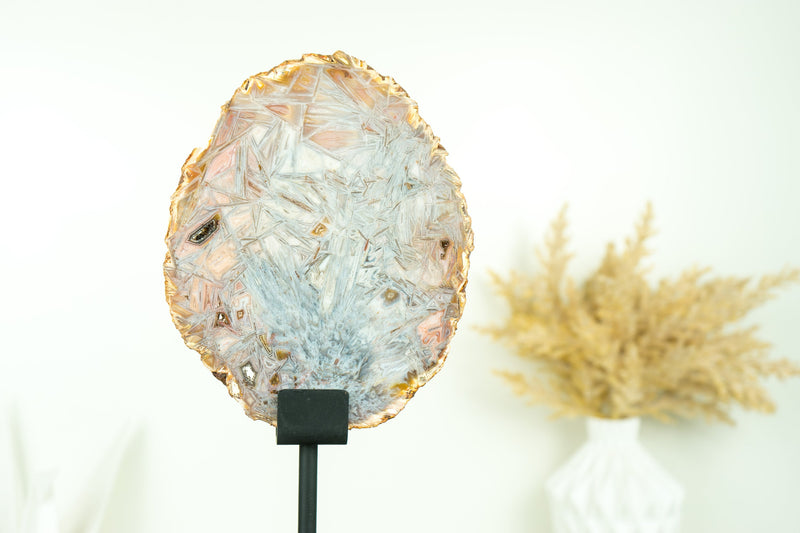 Super Rare Bahia Agate Slice with Polyhedroid and Pseudomorph Tube-like Inclusions, Natural Pastel Pink and Blue Colors