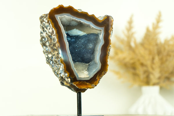 Amber and White Lace Agate Geode with Blue Galaxy Druzy on Stand