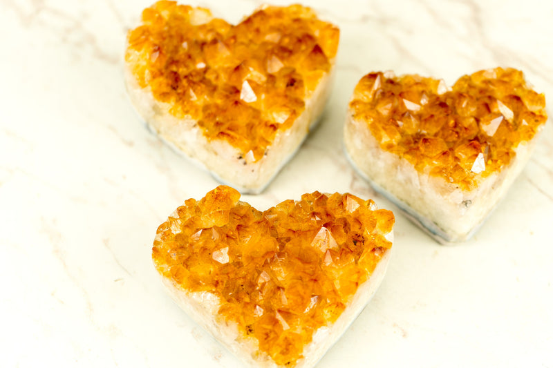 Set of 3 High-Grade Citrine Hearts with, Deep Orange Druzy