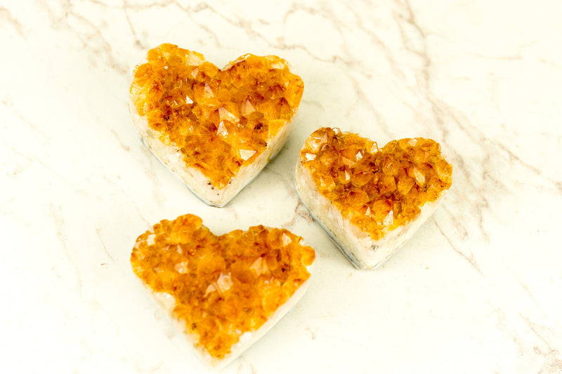 Set of 3 High-Grade Citrine Hearts with, Deep Orange Druzy