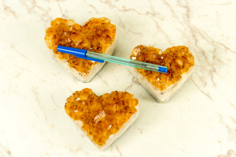 Set of 3 High-Grade Citrine Hearts with, Deep Orange Druzy