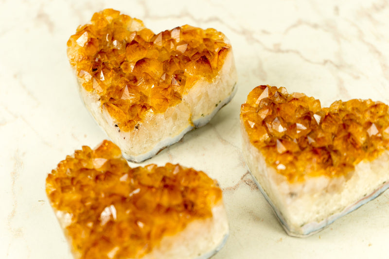 Set of 3 High-Grade Citrine Hearts with, Deep Orange Druzy