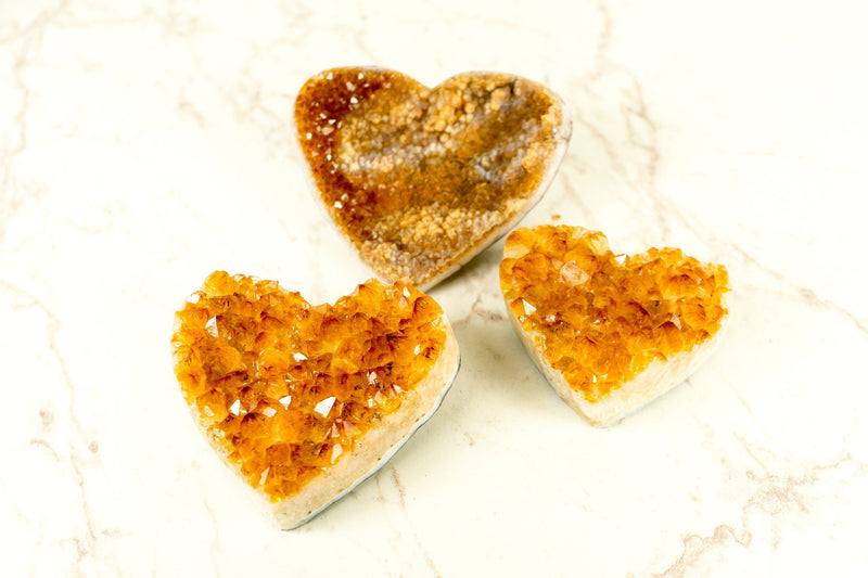 Set of 3 High-Grade Deep Orange Citrine Hearts, Natural, One with Galaxy Citrine Druzy, Wholesale Flat Box - 1.7 Kg - 3.7 lb - E2D Crystals & Minerals