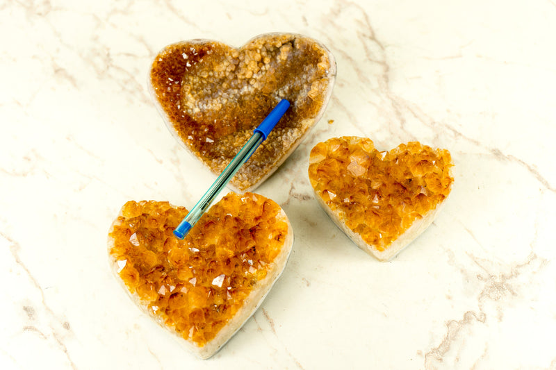 Set of 3 High-Grade Deep Orange Citrine Hearts, Natural, One with Galaxy Citrine Druzy, Wholesale Flat Box - 1.7 Kg - 3.7 lb - E2D Crystals & Minerals